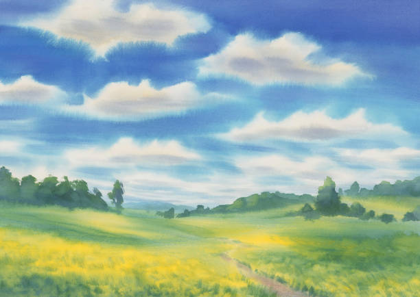 istock Summer landscape with a meadow and clouds watercolor background 1397852277