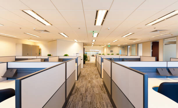istock Working area in modern office with carpet floor and meeting room. interior 3d rendering 1397853227