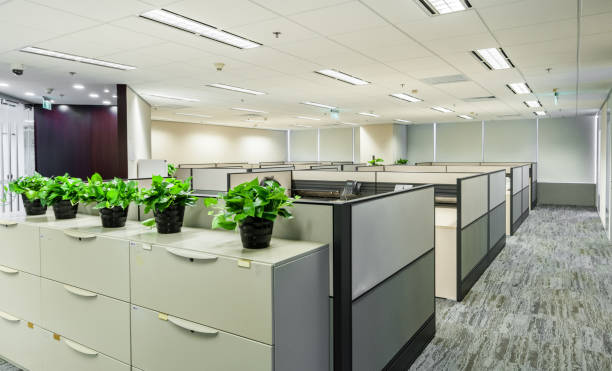 istock Working area in modern office with carpet floor and meeting room. interior 3d rendering 1397853229