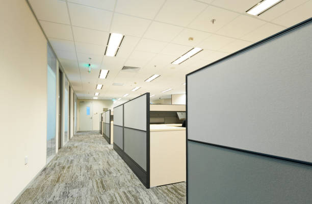 istock Working area in modern office with carpet floor and meeting room. interior 3d rendering 1397853281