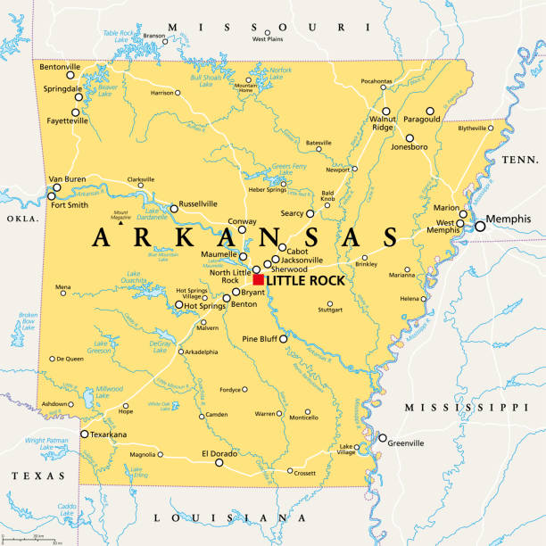 Arkansas, AR, political map, US state, nicknamed The Natural State Arkansas, AR, political map, with capital Little Rock, and largest cities, lakes and rivers. Landlocked state in the South Central United States, nicknamed The Natural State, and Land of Opportunity. arkansas stock illustrations