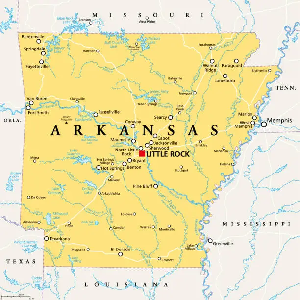 Vector illustration of Arkansas, AR, political map, US state, nicknamed The Natural State