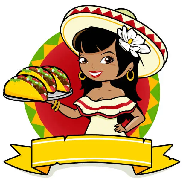 Vector illustration of Mexican waitress serving tacos. Vector illustration