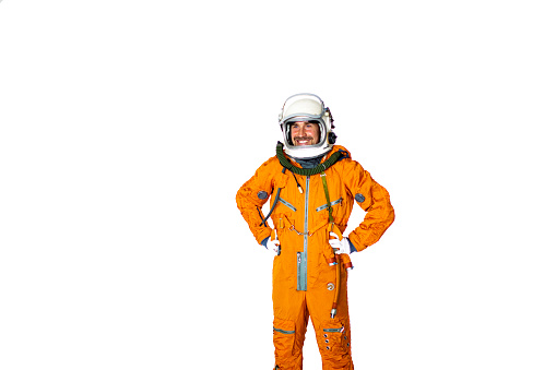 Young Man In Space Suit Standing With Arms Akimbo