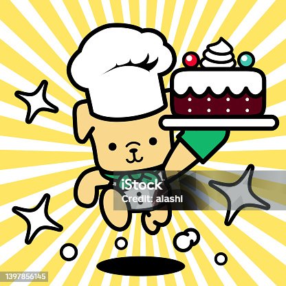 istock A cute dog chef wearing a chef's hat is carrying a cake and running toward the camera 1397856145