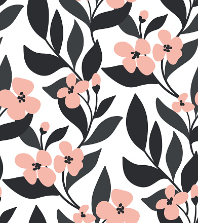 Seamless pattern with elegant flower composition. Small pink flowers, black leaves on a long continuous stem on a white surface. Botanical background design, print. Vector illustration.