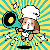 istock A cute dog chef wearing a chef's hat is holding a megaphone and running toward the camera 1397858076