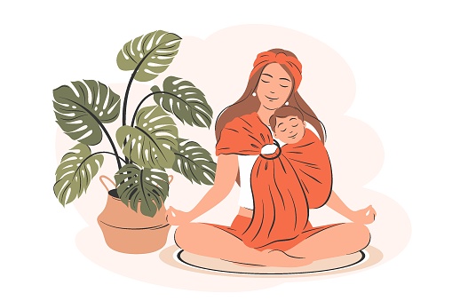 Mother meditating at home, practices yoga. Woman doing relaxing exercises and is holding baby in sling. Calm parent, motherhood  and stress relief. Vector illustration