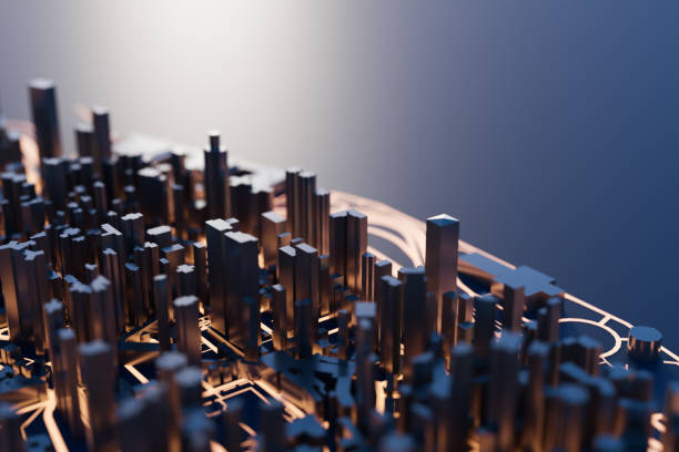 istock Skyscrapers in business district of a tech city with copy space. 3D rendering. 1397859657