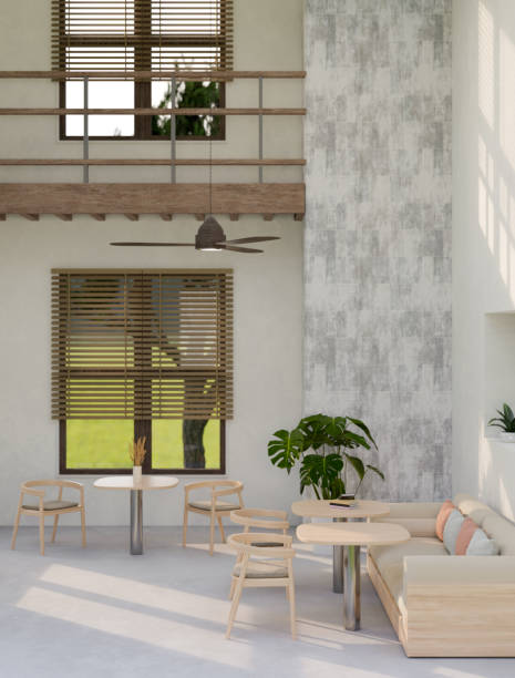 istock Comfortable minimal loft coffee shop seating area interior design with wooden table, chairs, sofa 1397862557