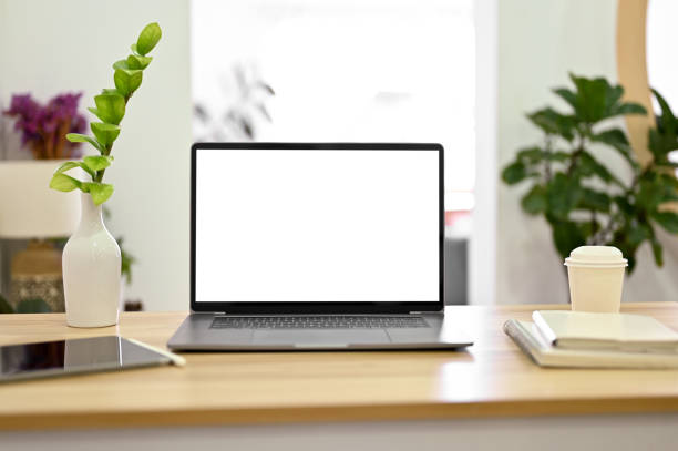istock Minimal bright workspace with notebook laptop, tablet and decor plants on wood table. 1397862802