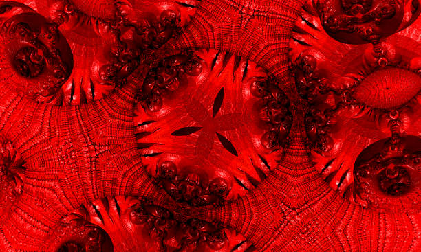 Vivid blood red fractal kaleidoscope, digital artwork for creative graphic design stock photo