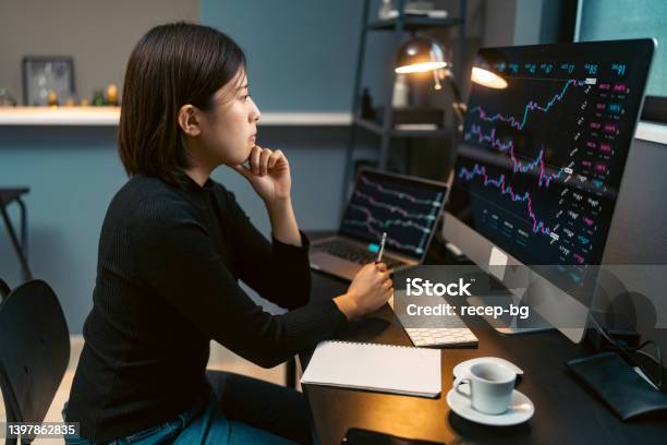 Young Woman Doing Cryptocurrency Business Trading On Her Computer At Home At Nigh Stock Photo - Download Image Now