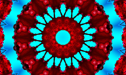 Red Mandala Concentric Flower Kaleidoscope Center. Kaleidoscopic Design Pattern