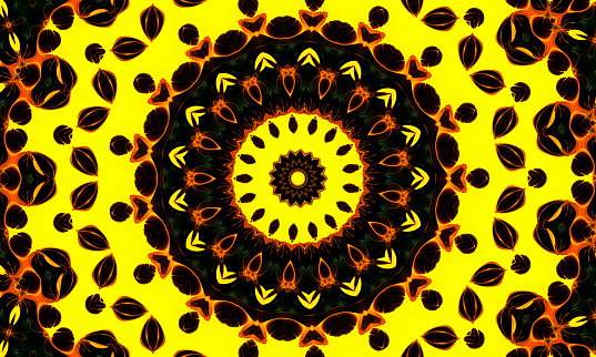 Yellow Floral pattern, seamless kaleidoscope. Kaledoscope pattern for manufacturing of packaging, scrapbooking, gift wrapping, books, booklets. alboms
