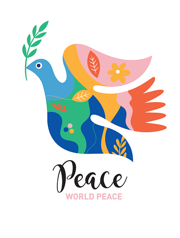 World peace poster. Dove of peace and flowers