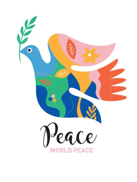 Vector illustration of World peace poster. Dove of peace and flowers