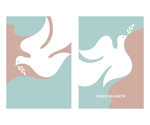 Vector illustration of Dove of peace with olive branch ,abstract shapes. Set of banners, poster