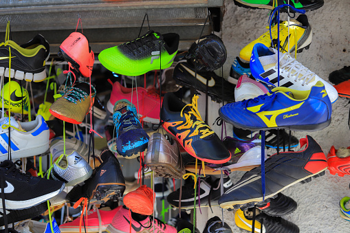 Saranda, Albania - 18 october, 2020: Sports shoes sold in the market in Albania