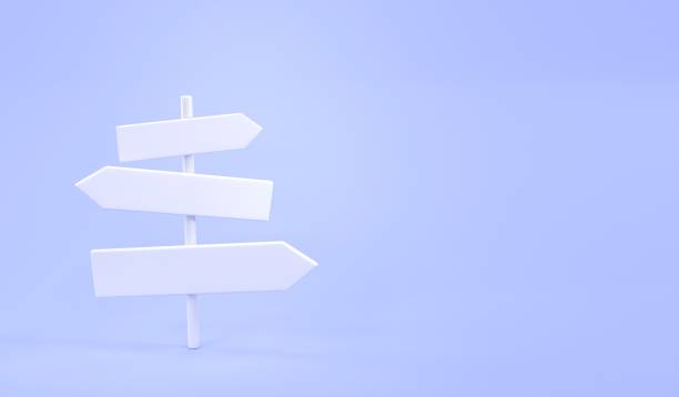 istock White direction sign on pastel blue background. Road post with arrows, signpost pointing on paths fork, crossroad with pointers. Choice of way concept and making decision. Minimal design, 3d render 1397865963