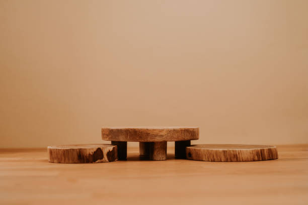 Wooden podium for product placement, copy space