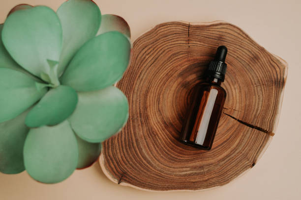 istock Glass bottle for liquid on timber next to plant 1397867961