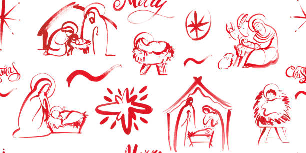 ilustrações, clipart, desenhos animados e ícones de padrão de natal sem emendas, fundo com gráficos vermelhos de presépios. para publicações festivas de natal, produtos, impressões. design religioso cristão - religious icon ilustrações