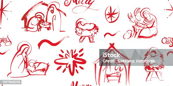 istock Seamless Christmas pattern, background with red graphics from nativity scenes. For festive Christmas publications, products, prints. Christian religious design 1397868258