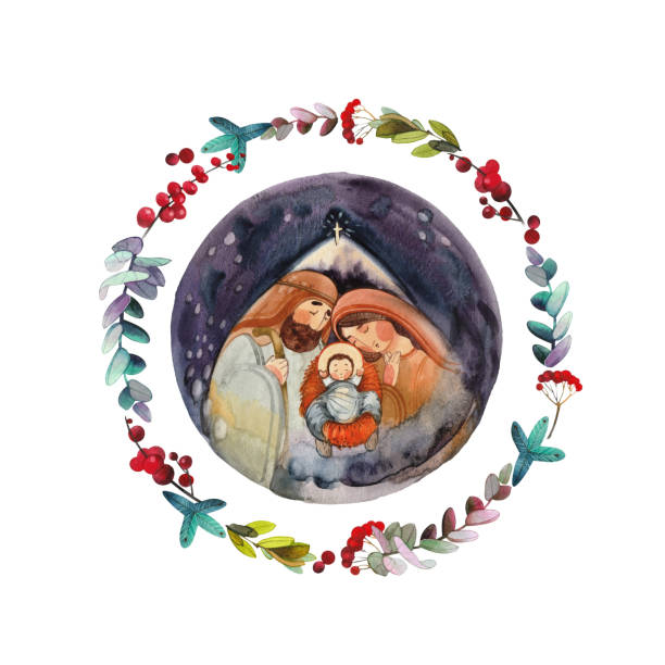 ilustrações, clipart, desenhos animados e ícones de pintura de aquarela desenhada à mão santa família: virgem maria, jesus cristo, josé na decoração de inverno floral. feliz cartão de saudação de natal, publicações cristãs e impressões - silhouette christmas holiday illustration and painting