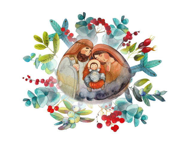 stockillustraties, clipart, cartoons en iconen met hand drawn watercolor painting holy family: virgin mary, jesus christ, joseph in floral winter decor. merry christmas greeting card, christian publications and prints - kerststal