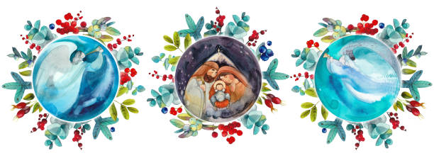 bezszwowy sztandar, świąteczna granica: święta rodzina, szopka, anioły. w świątecznych wieńcach kwiatowych. na świąteczne wydruki, publikacje i przedmioty świąteczne. sztuka religijna - christmas tree family winter art stock illustrations