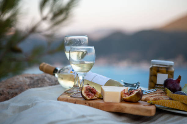 picnic with view of Greece bay copy space