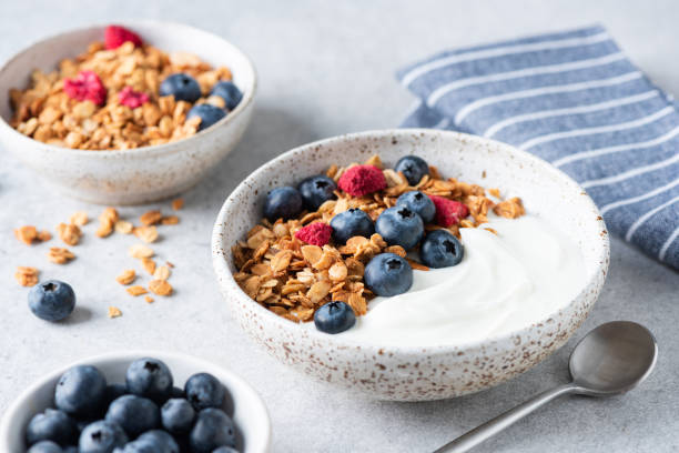 joghurtschüssel mit müsli und blaubeeren - yogurt stock-fotos und bilder
