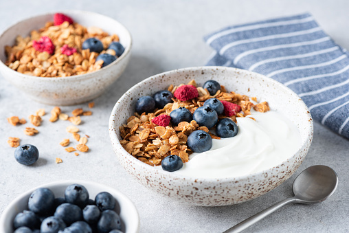 Yogurt bowl with granola and blueberries. Healthy breakfast or snack, rich in protein, fiber and calcium