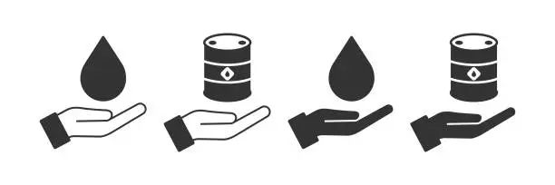 Vector illustration of A barrel of oil on an open palm icon. Give fuel symbol. Sign store gasoline vector.