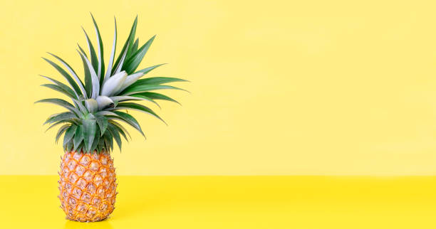 istock Single large and fresh pineapple on bright yellow background, with copy space 1397870522