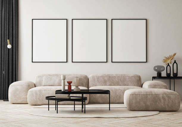istock mock up poster frame in modern interior background, living room, Scandinavian style, 3D render, 3D illustration 1397871003