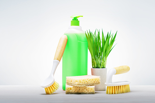Eco friendly natural cleaning products and green plant.
