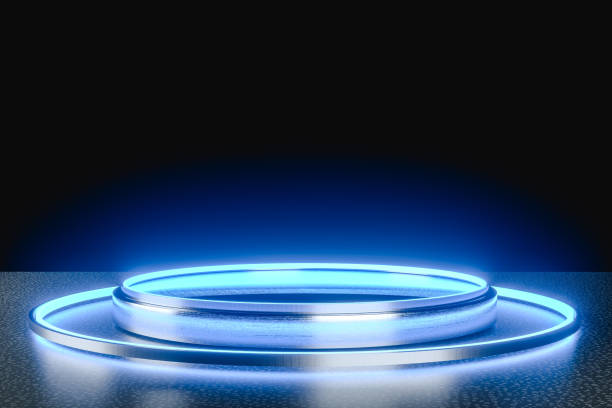 istock Futuristic neon pedestal for product presentation. 3d render 1397872115