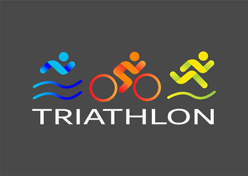 Banner on the theme of sport, triathlon. Silhouettes of athletes, swimmer, cyclist, runner, drawn on a dark gray isolated background, colored  logo