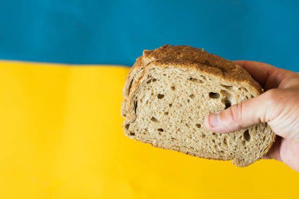 istock bread in hand on the Ukrainian flag 1397873281