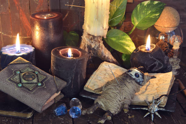 istock Wicca, esoteric and occult still life with vintage magic objects on witch table altar for mystic rituals and fortune telling. Halloween and gothic concept 1397873284
