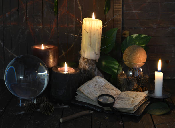 istock Wicca, esoteric and occult still life with vintage magic objects on witch table altar for mystic rituals and fortune telling. Halloween and gothic concept 1397873539