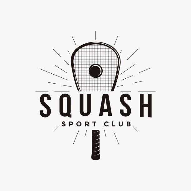 vintage squash logo icon vektor auf weißem hintergrund - racketball racket ball court stock-grafiken, -clipart, -cartoons und -symbole