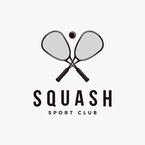 vintage squash logo icon vektor auf weißem hintergrund - racketball racket ball court stock-grafiken, -clipart, -cartoons und -symbole