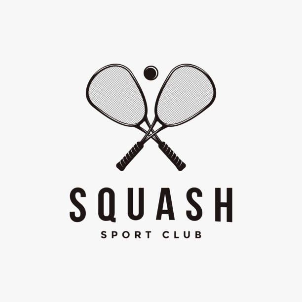 흰색 배경에 빈티지 스쿼시 로고 아이콘 벡터 - squash racket stock illustrations