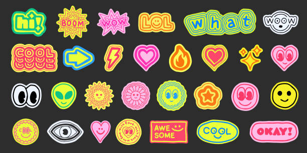 Set of Cool Trendy Hand Drawn Stickers. Acid Happy Smile Emoticons Vector Design. Y2K Patches. Set of Cool Trendy Hand Drawn Stickers. Acid Happy Smile Emoticons Vector Design. Y2K Patches. the millennium stock illustrations
