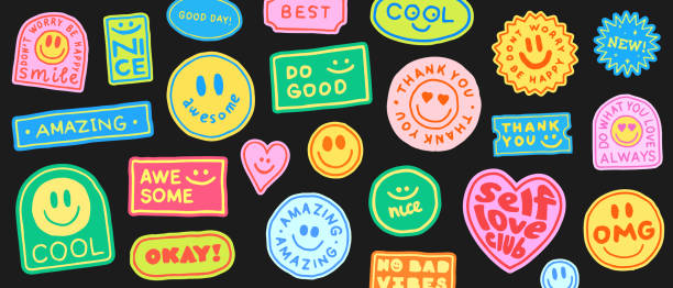 collage of cool hand drawn stickers vector design. set of retro pop art patches. trendy smile emoticons. - thank you background 幅插畫檔、美工圖案、卡通及圖標