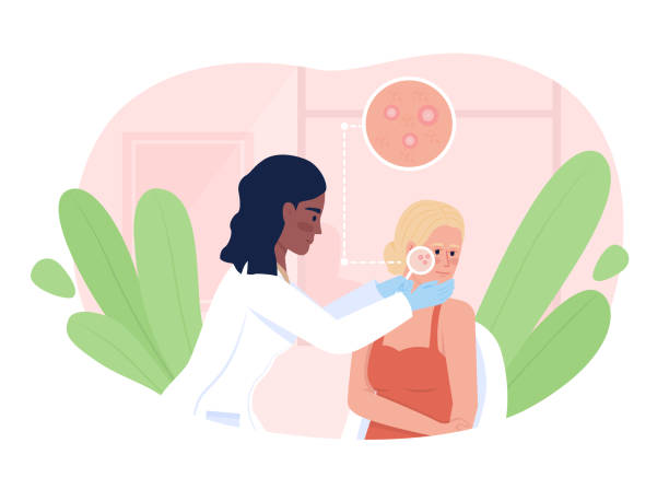 Woman at dermatologist appointment 2D vector isolated illustration Woman at dermatologist appointment 2D vector isolated illustration. Doctor and patient flat characters on cartoon background. Cosmetology colourful scene for mobile, website, presentation dermatologist stock illustrations