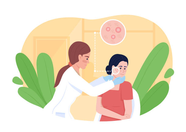 Dermatologist examining patient skin with acne 2D vector isolated illustration Dermatologist examining patient skin with acne 2D vector isolated illustration. Doctor and client flat characters on cartoon background. Beauty salon colourful scene for mobile, website, presentation dermatologist stock illustrations